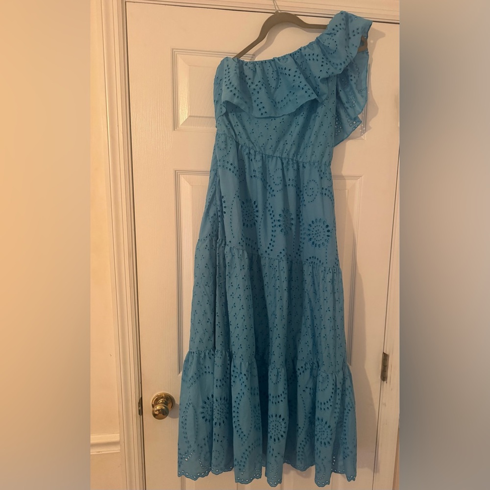 One-Shoulder Blue Eyelet Maxi Dress